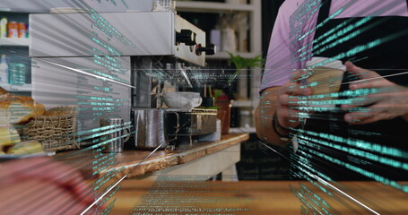 Brewing espresso light-shirt aproned barista at café counter with espresso machine and code overlay
