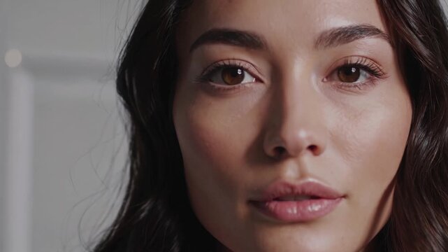 Close-up of a woman showcasing natural beauty in soft lighting for a beauty tutorial