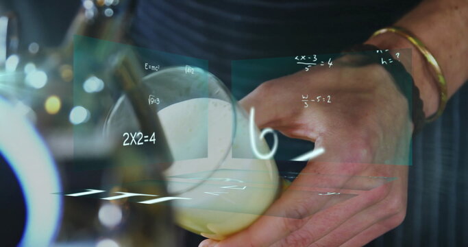 Capturing bartender hands pouring beer with foam under draft tap at bar, with holographic formulas - Powered by Adobe