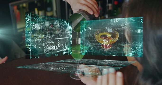 Bartender pouring green cocktail into martini glass at bar with shaker and holographic formulas - Powered by Adobe