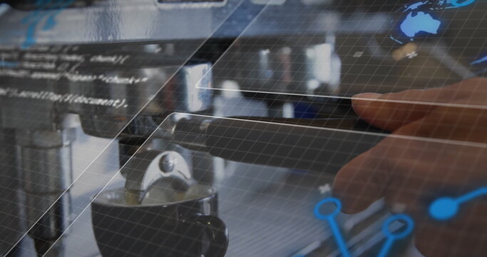 Touching metallic group head portafilter while displaying grid overlay in café, with code and map - Powered by Adobe