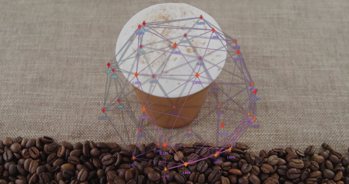 Fototapeta Sitting takeaway coffee cup with foam, network overlay on cafe table, beans and cinnamon sprinkles