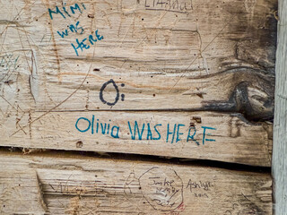 Graffiti on old wooden beams carved and written disfiguring the natural service