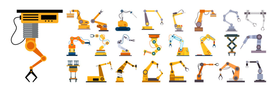 Industrial robotic arms and automation machinery illustration set