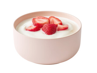 Pink bowl of yogurt with fresh strawberries on transparent background