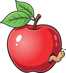 Red Apple with Worm Cartoon Vector