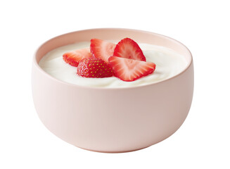 Pink bowl of yogurt garnished with fresh strawberries on transparent background