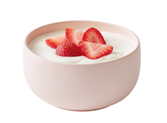 Pink bowl of yogurt garnished with fresh strawberries on transparent background