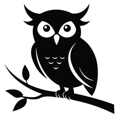 Fototapeta premium Cute cartoon owl sitting on a tree branch at night illustration