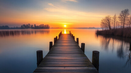Fototapeta premium Peaceful sunrise over a lake with a wooden pier.