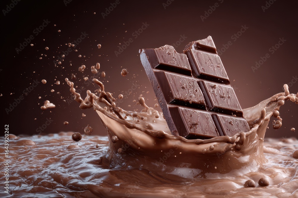 Poster chocolate bar splashes into melted cocoa creating a rich, indulgent scene in a playful and artistic 