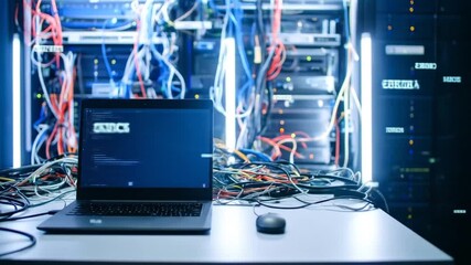 Data center with laptop displaying code and server racks for cybersecurity concept and programming - Powered by Adobe