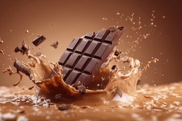 Chocolate bar creates a dynamic splash in creamy liquid, highlighting indulgent dessert experience