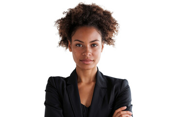 Confident African American businesswoman in a black blazer, with her arms crossed, looks directly at the camera in a professional studio portrait