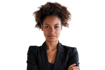 Confident African American businesswoman in a black blazer, with her arms crossed, looks directly at the camera in a professional studio portrait