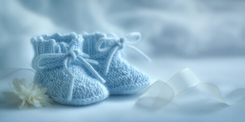The adorable blue knitted baby booties surrounded by delicate decorations.