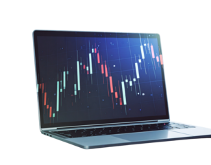 Firefly_3d Money Bag with dollar sign - Firefly_A sleek laptop displaying a financial chart with dynamic candlestick patterns.  (2)