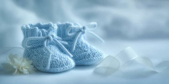 The adorable blue knitted baby booties surrounded by delicate decorations.