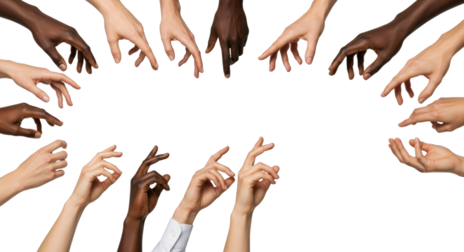 Multiple diverse human hands with varying skin tones (fair to deep brown) and finger shapes, reaching downwards precisely on a pristine, shadowless white background, shot from a high angle in