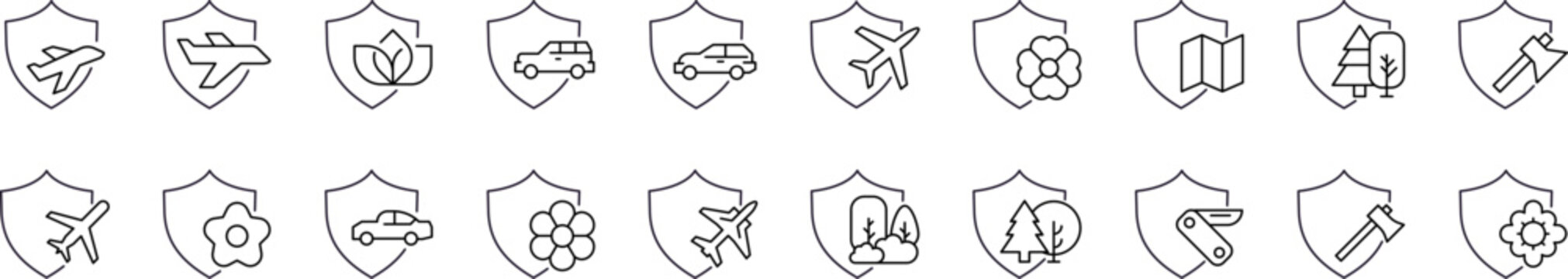 Protection and Insurance Picture Collection. Travel by Shield Editable Stroke. Perfect for Graphics, Designs, Books, Adverts, Apps