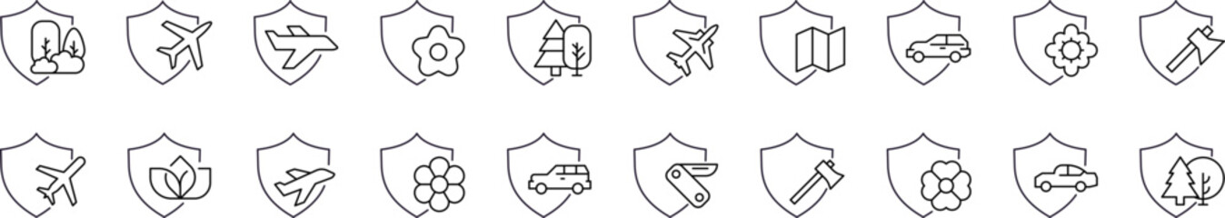 Protection and Insurance Outline Icon Collection. Travel by Shield Editable Stroke. Perfect for Graphics, Designs, Books, Adverts, Apps
