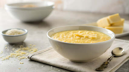 Creamy corn soup in a bowl with cheese and spoon on table  