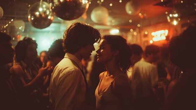 Young couple gazes lovingly at each other amidst a vibrant disco party atmosphere