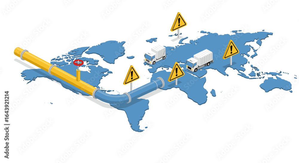 Poster global pipeline transport with warning signs and trucks on map
