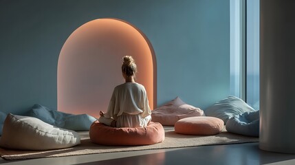 Serene woman meditating in a calming, modern lounge space with soft lighting and comfortable beanbags