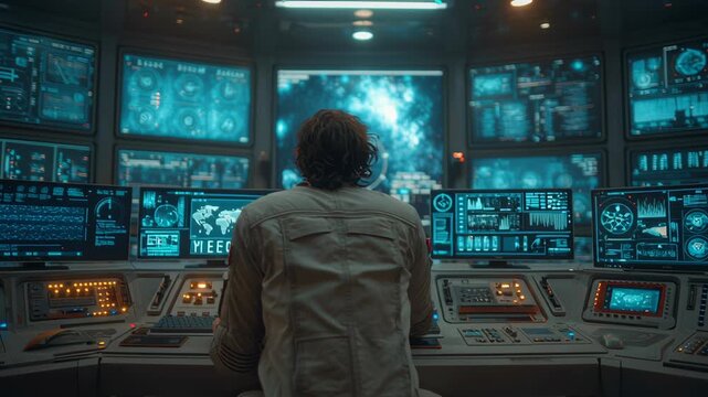 A control room filled with advanced technology, featuring multiple screens displaying data and analysis.