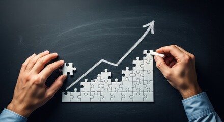 Fototapeta premium Hands assembling puzzle pieces forming an upward trending graph on a dark background business growth