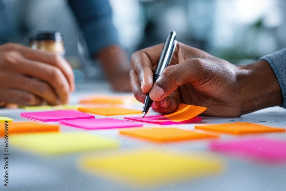 Poster creative brainstorming session with sticky notes and a pen in a modern office setting during the day