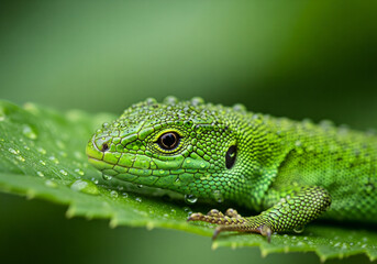Fototapeta premium Macro close-up of a beautiful green lizard with detailed scales and water droplets, resting on a wet leaf in a tropical environment