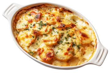 Delicious potato gratin dish baking in white ceramic casserole with transparent background
