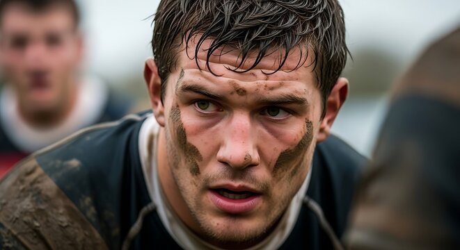Close up of a muddy rugby player with intense gaze during a game with teammates blurred behind him - Powered by Adobe