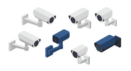 Isometric security cameras set on white background