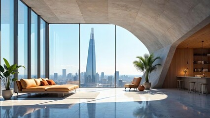 Serene High-Rise Living Room with Panoramic City View and Modern Design Elements