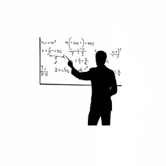 Confident male professor silhouette writing complex formula isolated on white background