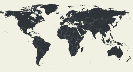 Monochrome world map with country borders in modern flat design