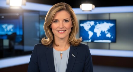 Photo of attractive blonde woman presenting the news in a modern television studio with world map