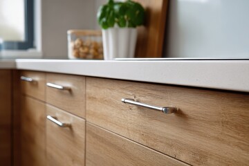 Modern kitchen featuring sleek wooden cabinets and elegant countertops with contemporary design elements and stylish handles