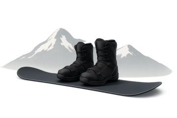 Snowboard with boots in front of snow covered mountains isolated on transparent background, concept of alpine adventure