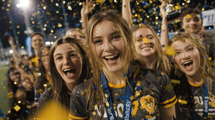 Joyful young athletes celebrating championship victory amidst golden confetti and bright stadium lights