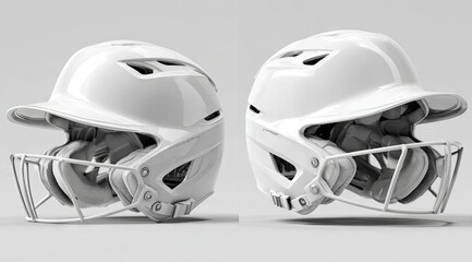Fototapeta premium Two pristine white baseball batting helmets with face masks, shown in profile and three-quarter views against a neutral background