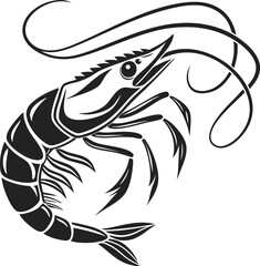 Monochromatic Shrimp Illustration Gracefully Curving with Long Antennae Black and White Aquatic Creature Design Detailed Seafood Artwork