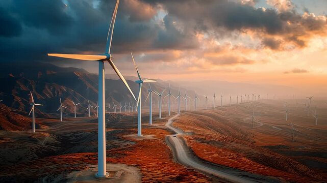 A stunning landscape featuring wind turbines against a dramatic sunset, representing clean energy and sustainable practices.