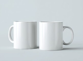 Obraz premium Two pristine white cylindrical mugs with handles, positioned side-by-side against a light-grey backdrop, exhibiting a subtle sheen