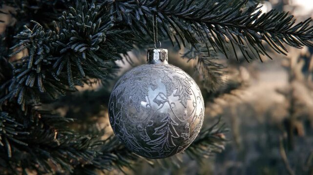 Shiny metal ball with star etchings, hanging from branch of pine tree.