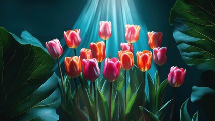 Ethereal Pink Tulips on Dark Teal Floral Background
