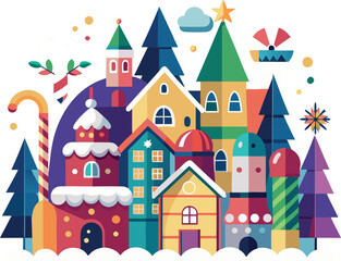Fototapeta premium Illustration of a Whimsical Christmas Village Scene with a Cat Illustration on transparent background whimsical village scene